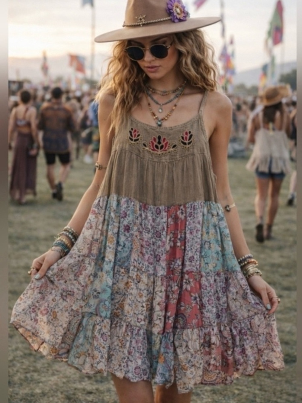 “The Heidi" Patchwork Embroidered Spaghetti Strap Dress